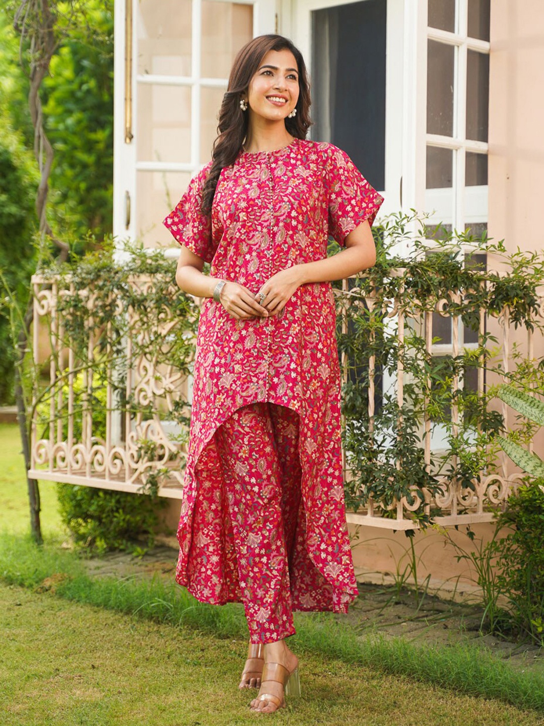 

CRAFTED FOR YOU Printed Round Neck Longline Tunic with Trousers, Pink
