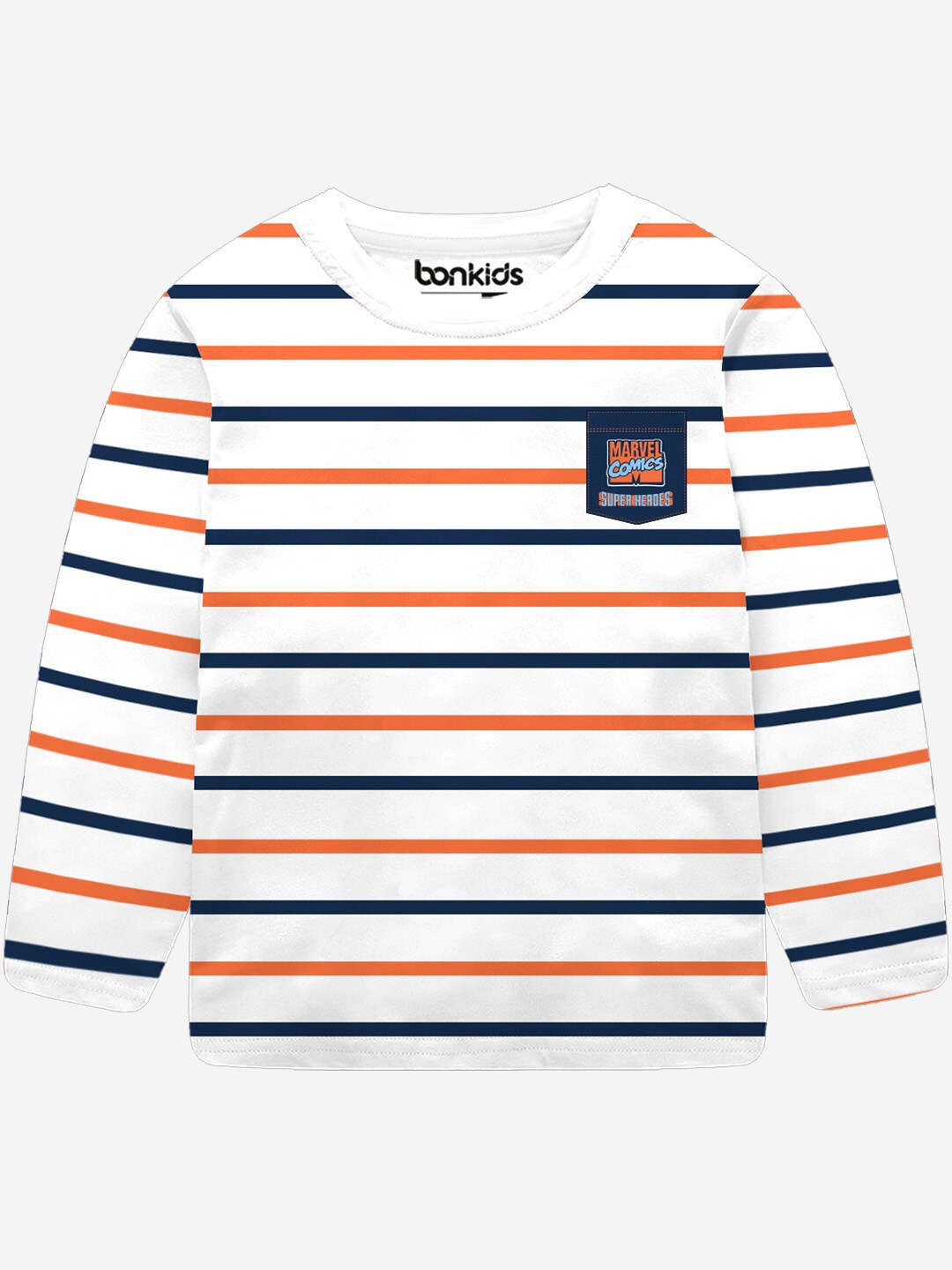 

BONKIDS Boys Striped Round Neck Long Sleeves Applique Cotton T-shirt, White