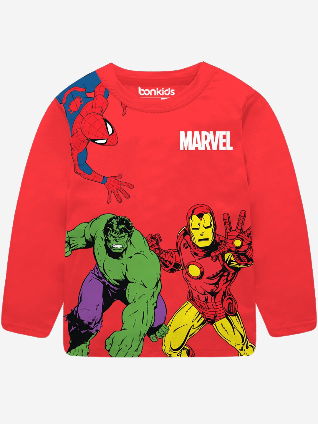 

BONKIDS Boys Printed Round Neck Long Sleeves Applique Cotton T-shirt, Red