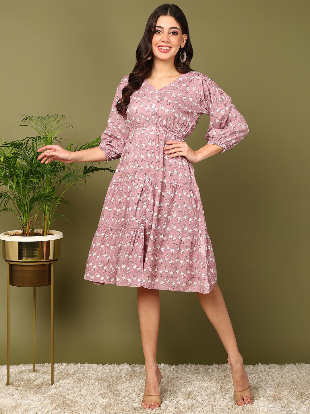 

mokshi Peach Floral Printed Bishop Sleeves Empire Dress