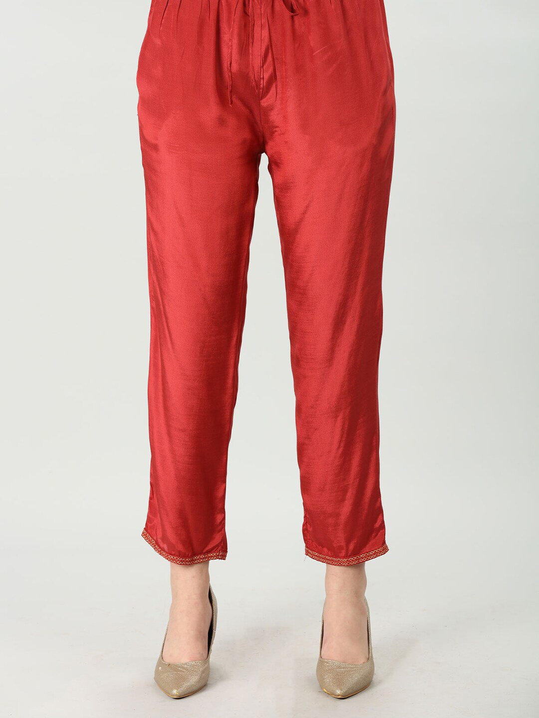 

Mustard Women Mid-Rise Silk Regular Trousers, Red