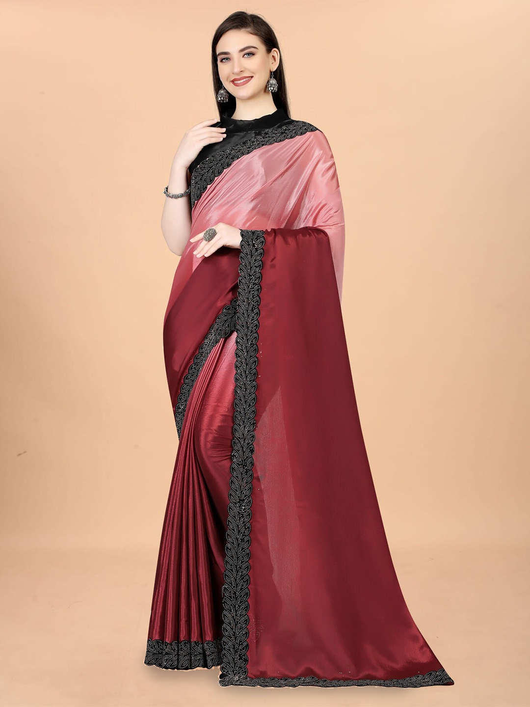 

Mitera Red & Pink Ombre Embroidered Silk Cotton Saree