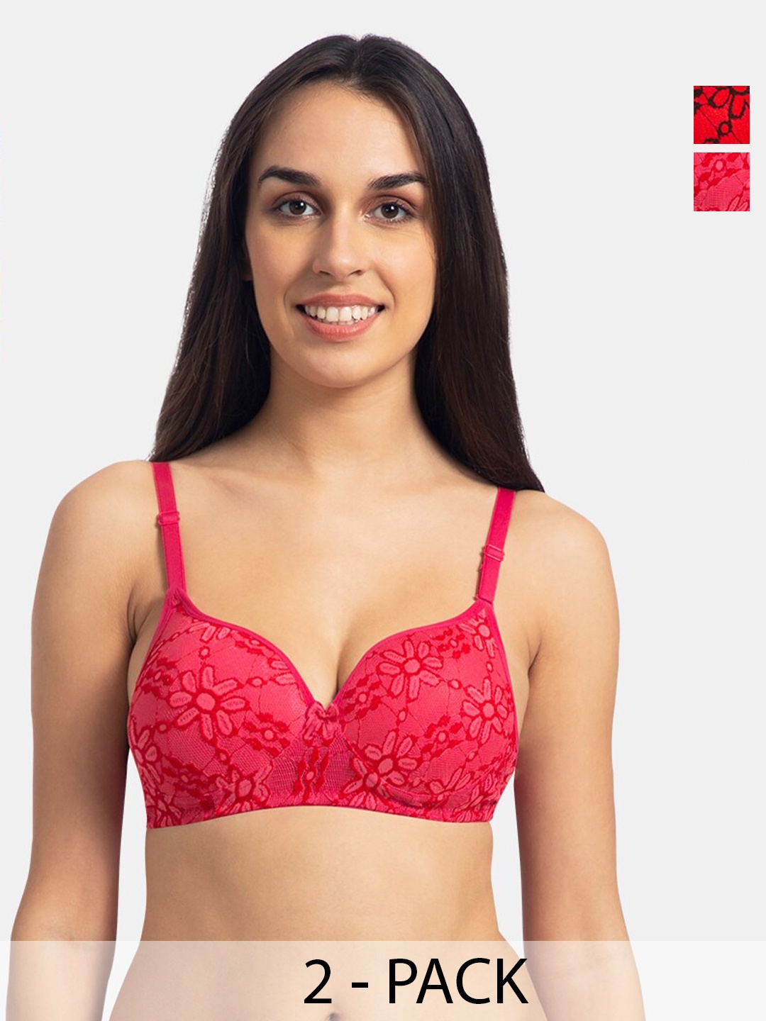 

KOMLI Pack Of 2 Floral Lace Full Coverage Cotton T-shirt Bra With All Day Comfort, Red