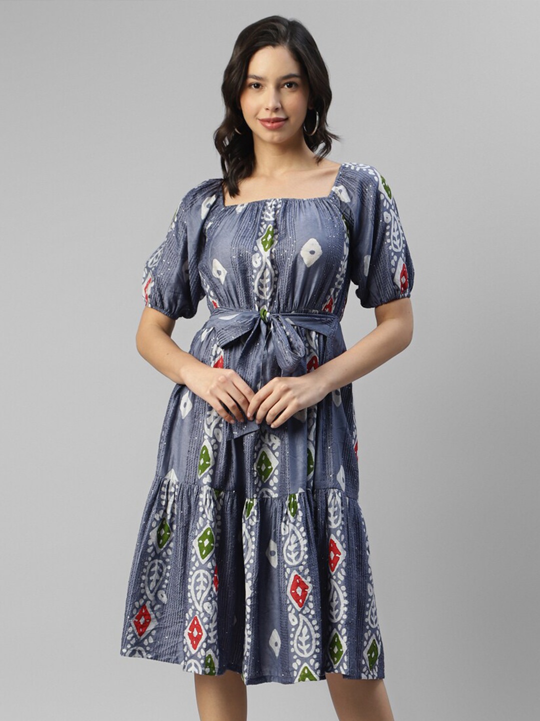 

DEEBACO Floral Printed Puff Sleeve Fit & Flare Dress, Grey