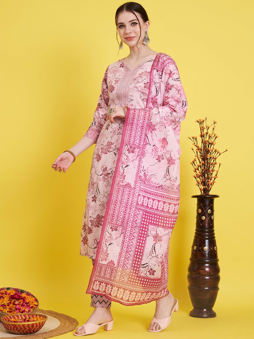 

Vbuyz Floral Printed Notched Neck Straight Kurta with Trouser & Dupatta, Pink