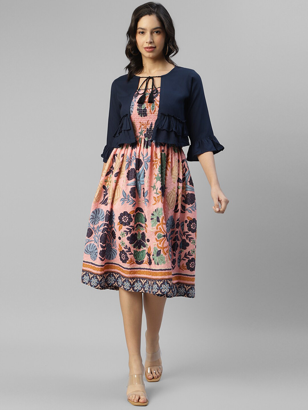 

DEEBACO Ethnic Motifs Print Tie Up Neck Fit & Flare Dress, Peach