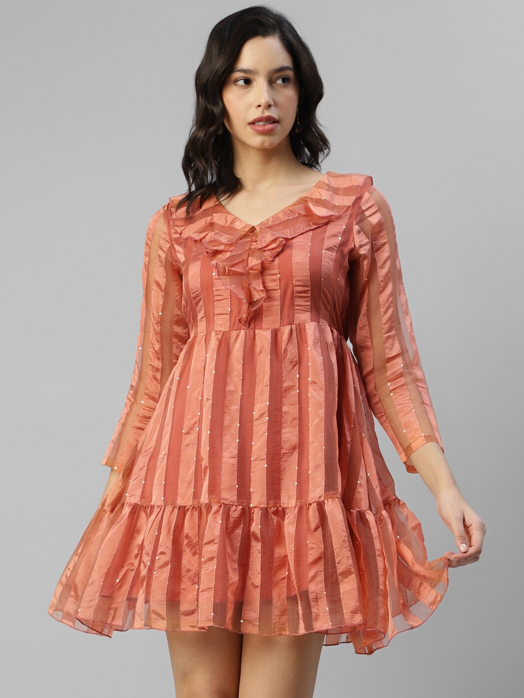 

DEEBACO Organza Tiered Print Organza Fit & Flare Mini Dress, Peach