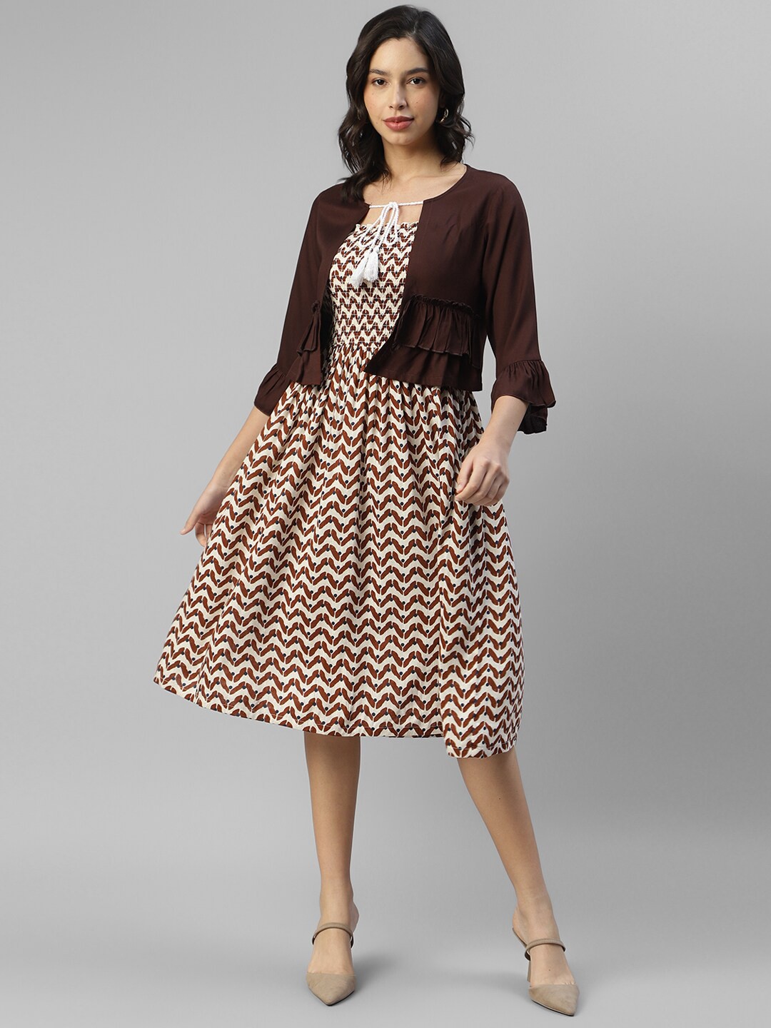 

DEEBACO Geometric Printed Fit & Flare Dress With Shrug, Brown
