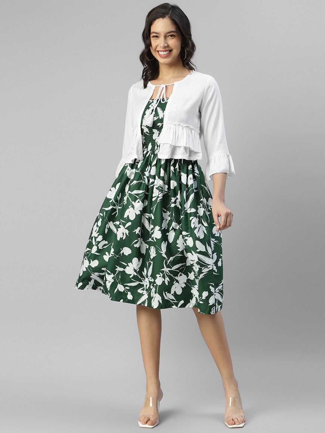 

DEEBACO Round Neck Floral Printed Fit & Flare Dress, Green