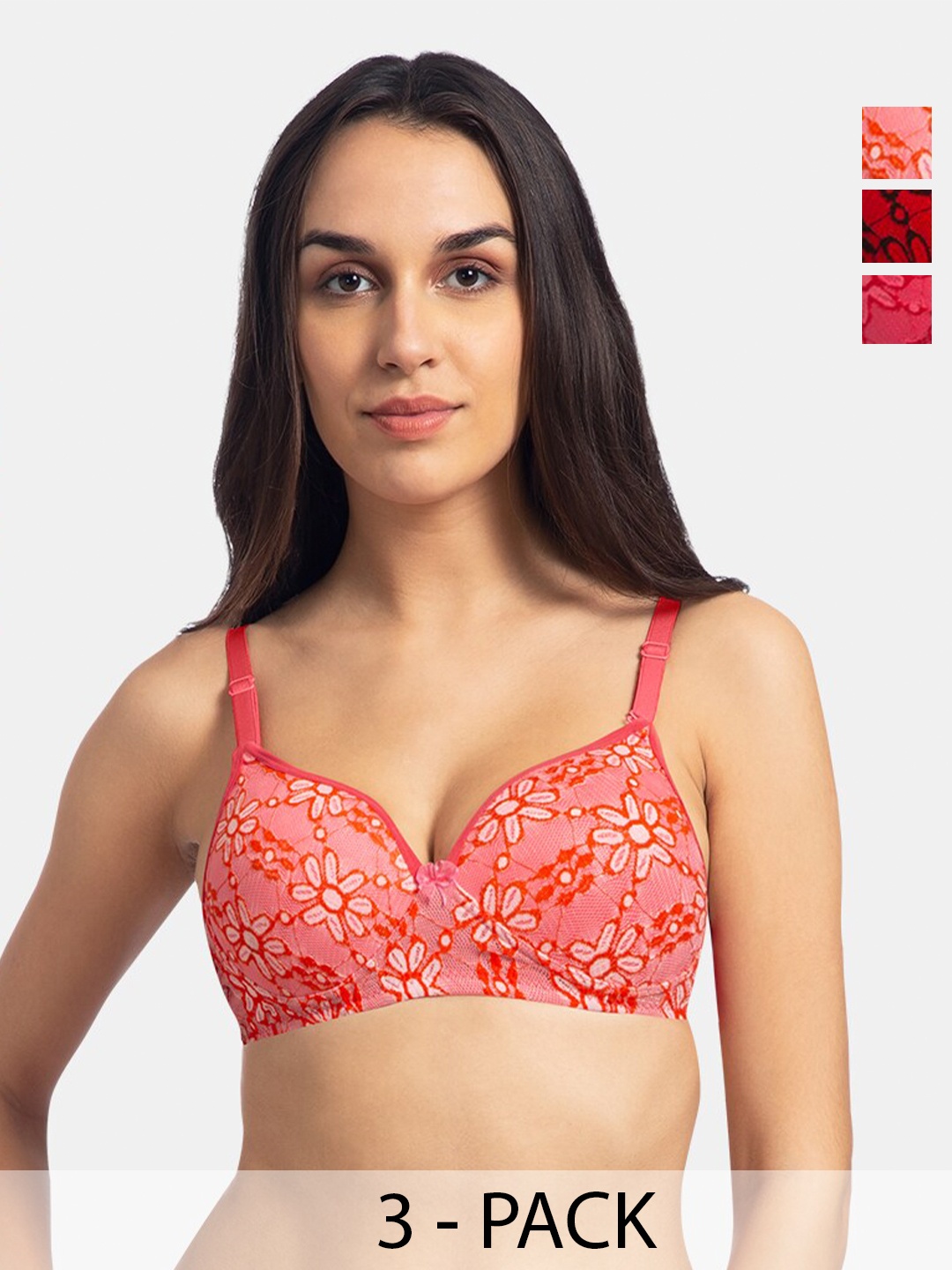 

KOMLI Pack Of 3 Printed Full Coverage Padded Pure Cotton T-shirt Bras With All Day Comfort, Pink