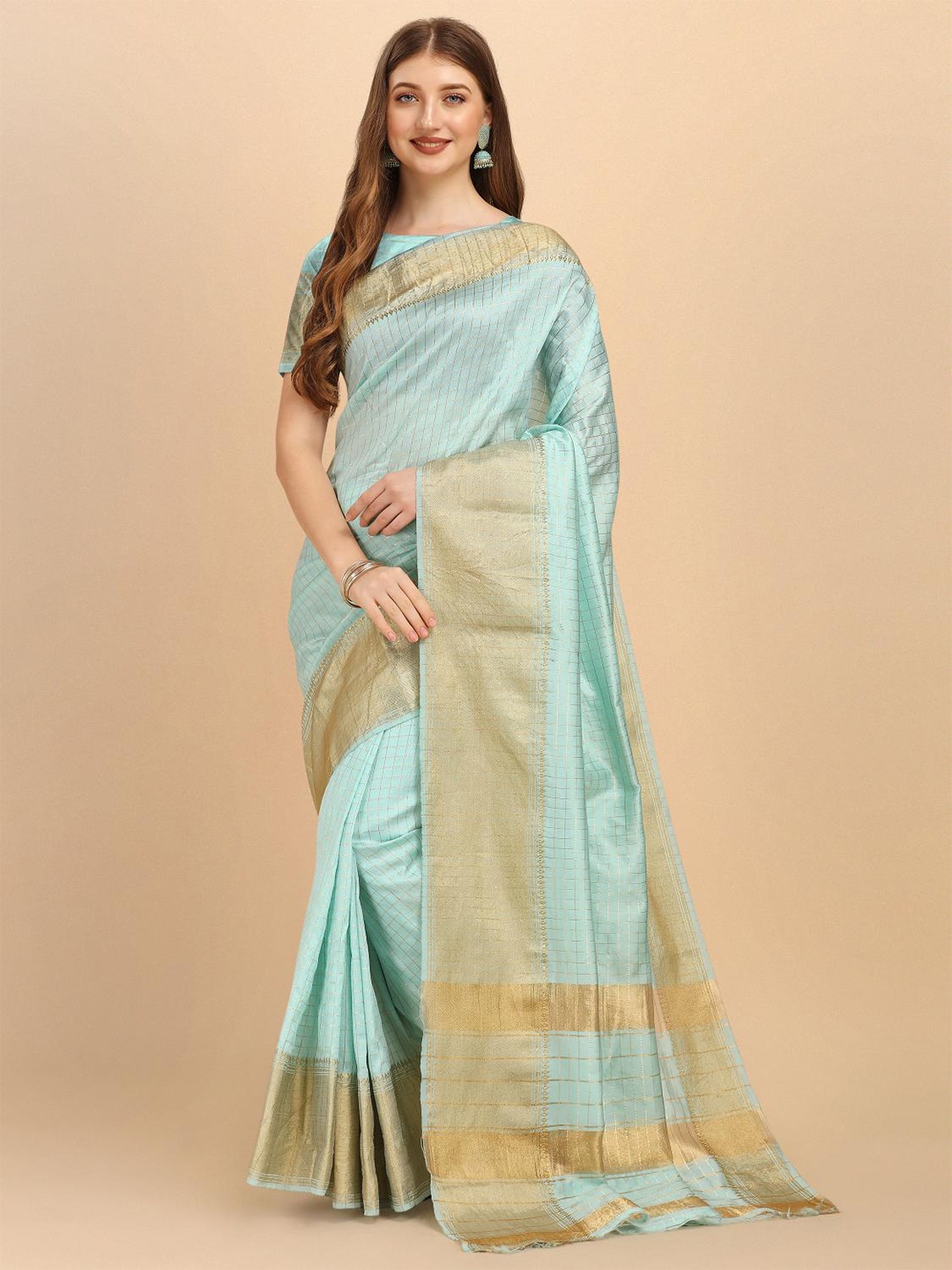 

LIMDO Checked Woven Design Zari Banarasi Saree, Sea green