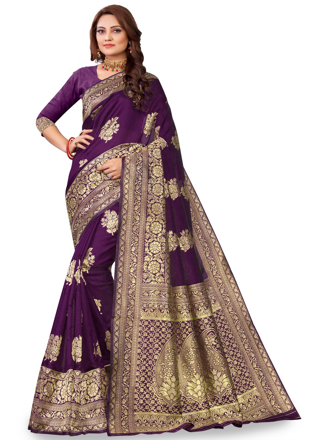 

LIMDO Floral Woven Design Zari Pure Silk Banarasi Saree, Purple