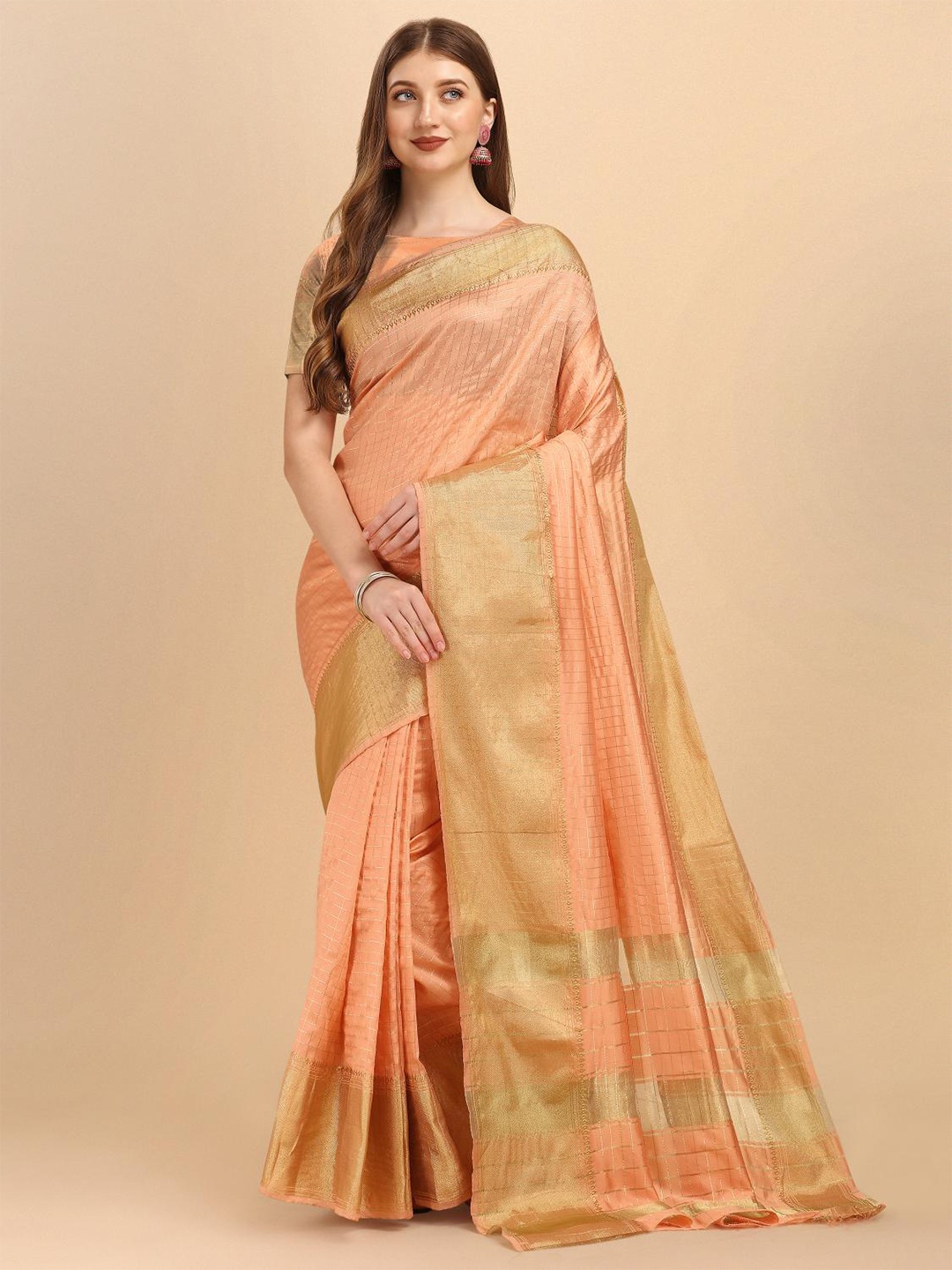 

LIMDO Checked Woven Design Zari Pure Silk Banarasi Saree, Peach