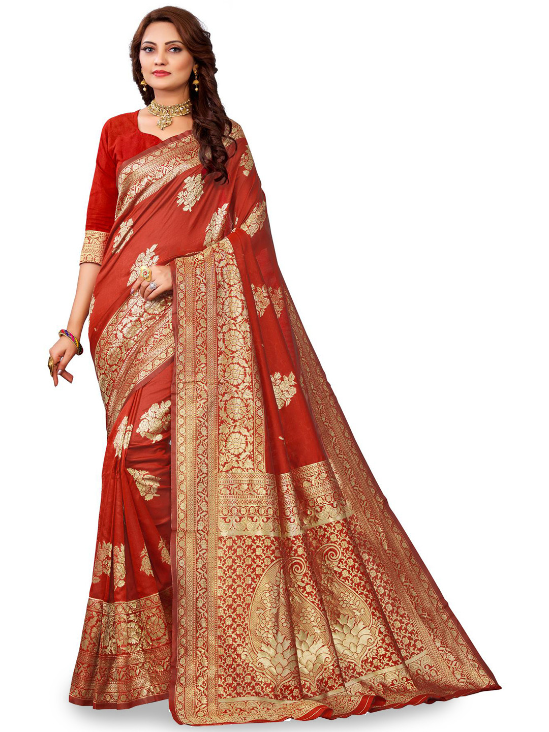 

LIMDO Woven Design Zari Pure Silk Banarasi Saree, Red