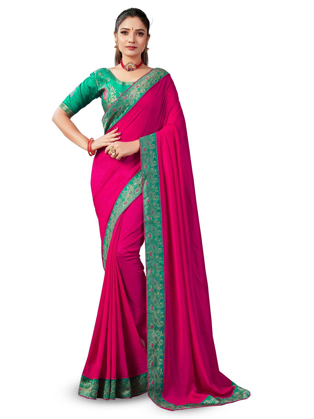 

LIMDO Ethnic Motifs Woven Design Zari Banarasi Saree, Pink