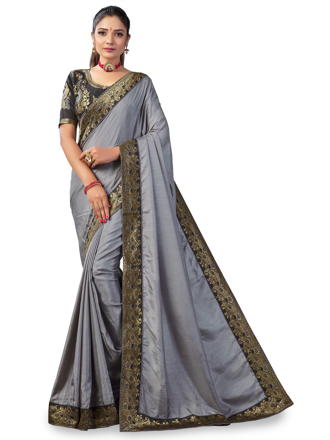 

LIMDO Ethnic Motifs Woven Design Saree, Grey