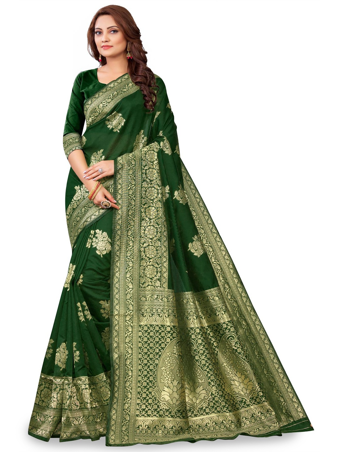 

LIMDO Ethnic Motifs Woven Design Zari Banarasi Saree, Green