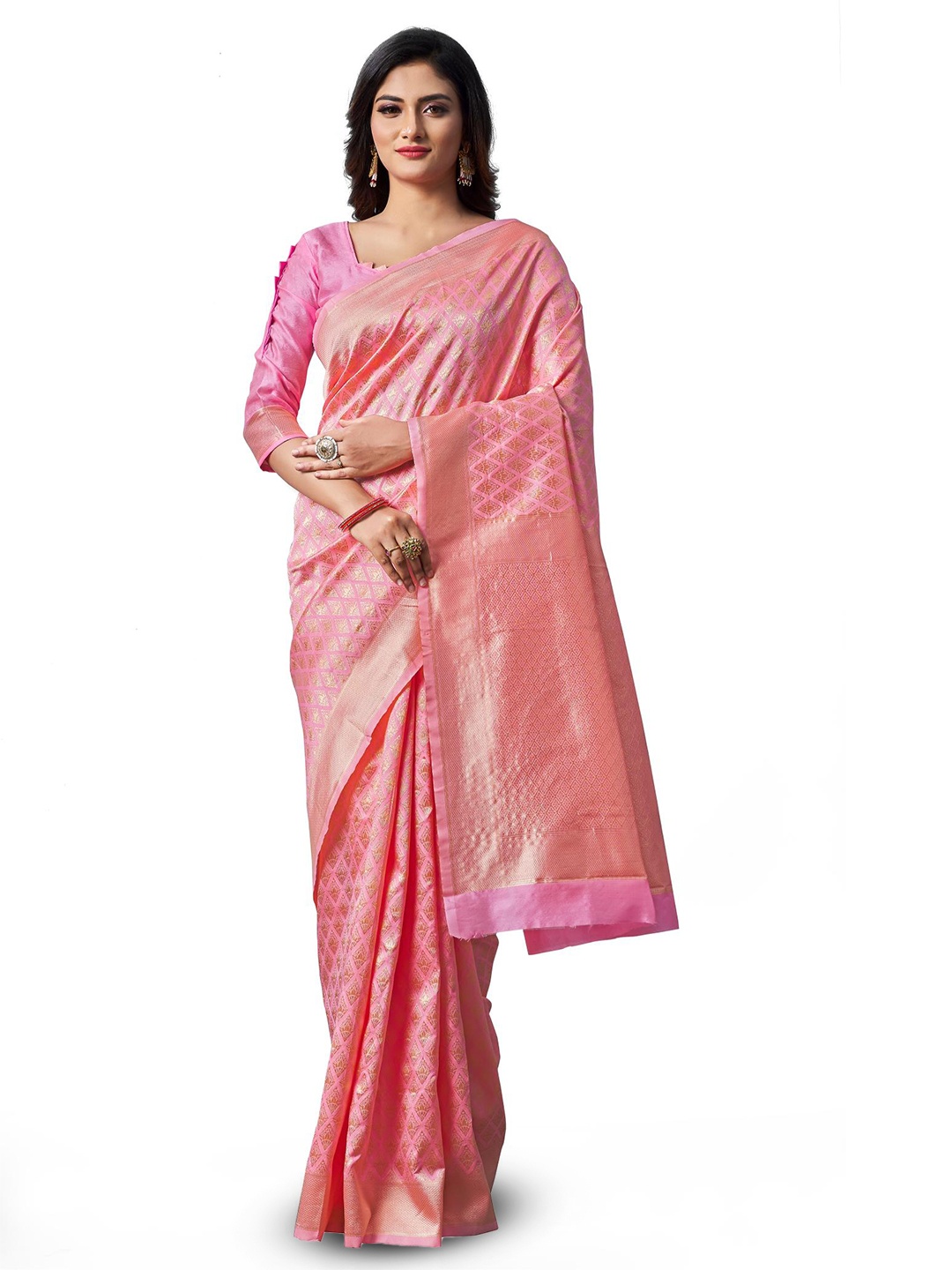 

LIMDO Ethnic Motifs Woven Design Zari Banarasi Saree, Rose gold