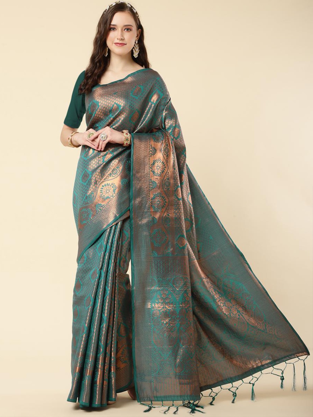 

LIMDO Ethnic Motif Woven Design Zari Pure Silk Banarasi Saree, Sea green