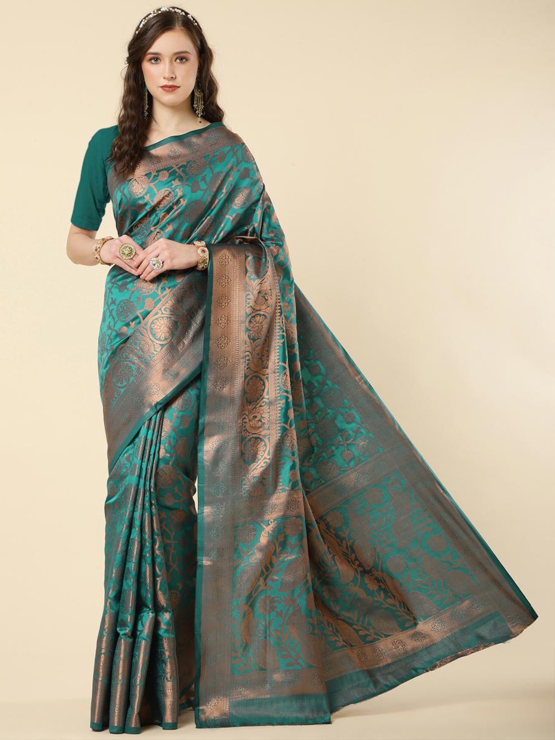 

LIMDO Woven Design Zari Pure Silk Banarasi Saree, Sea green