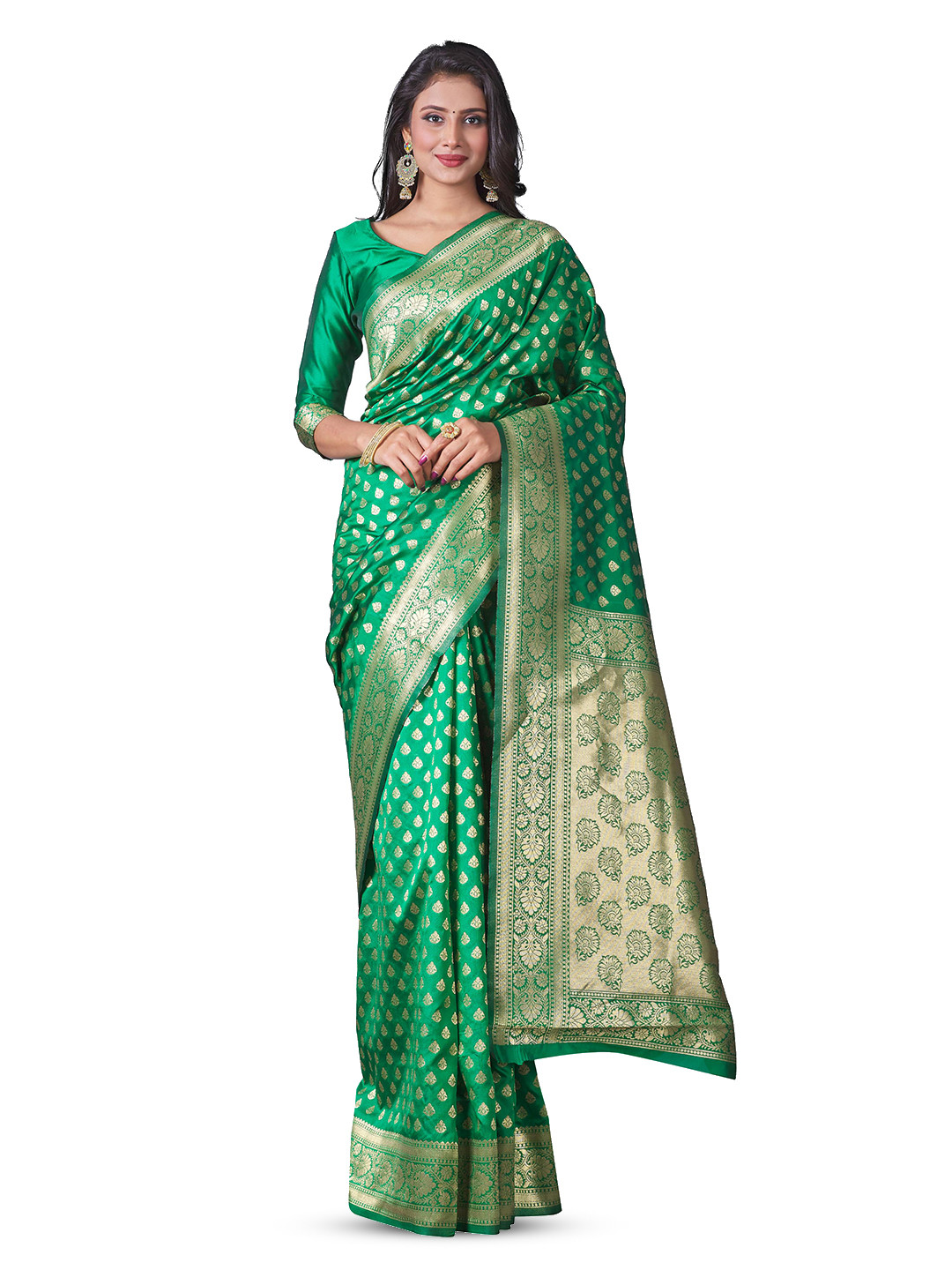 

LIMDO Ethnic Motifs Woven Design Zari Pure Silk Banarasi Saree, Green