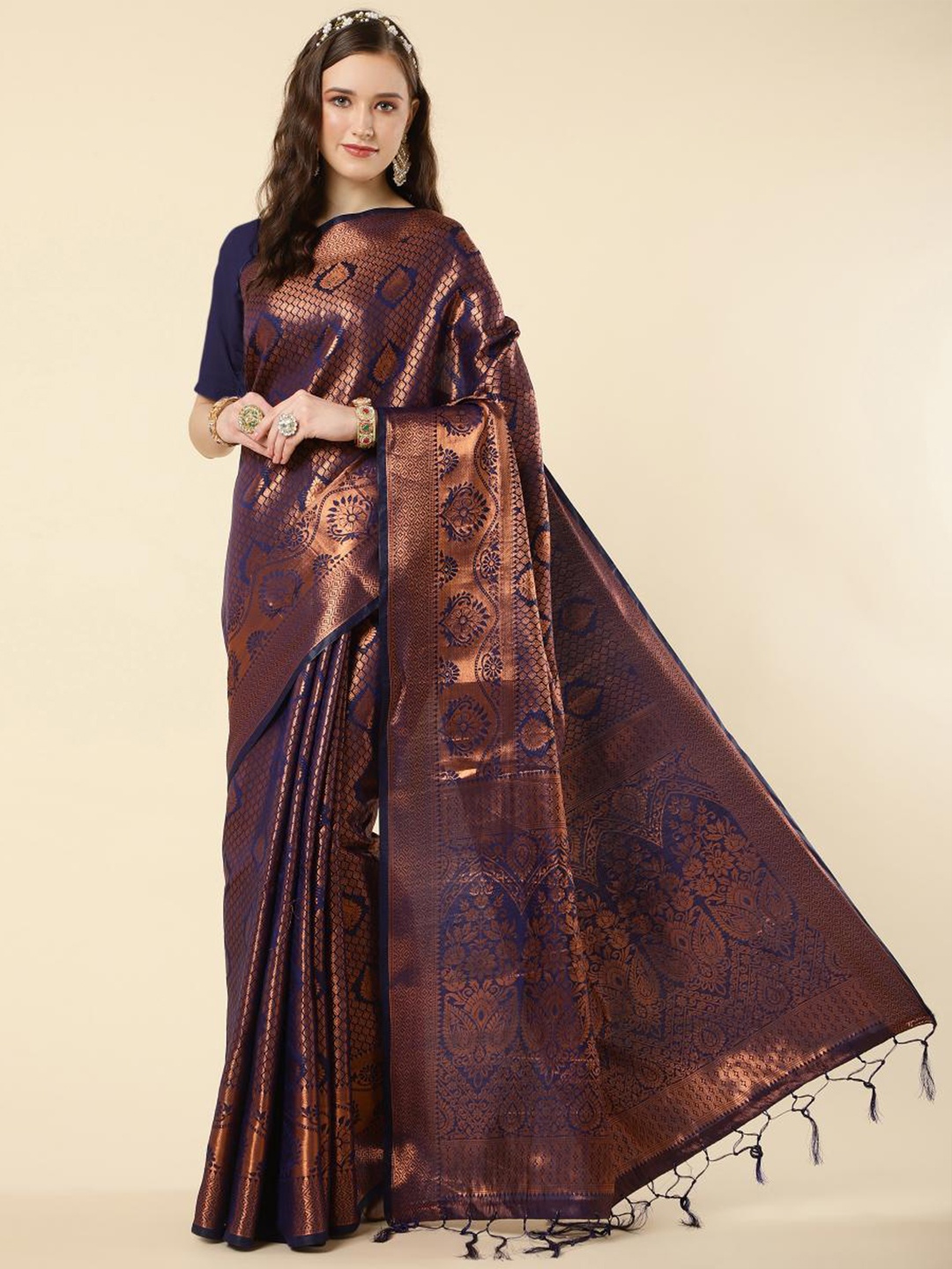 

LIMDO Ethnic Motifs Woven Design Zari Banarasi Saree, Navy blue