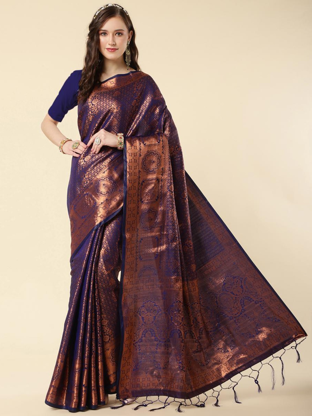 

LIMDO Ethnic Motifs Woven Design Zari Banarasi Saree, Navy blue