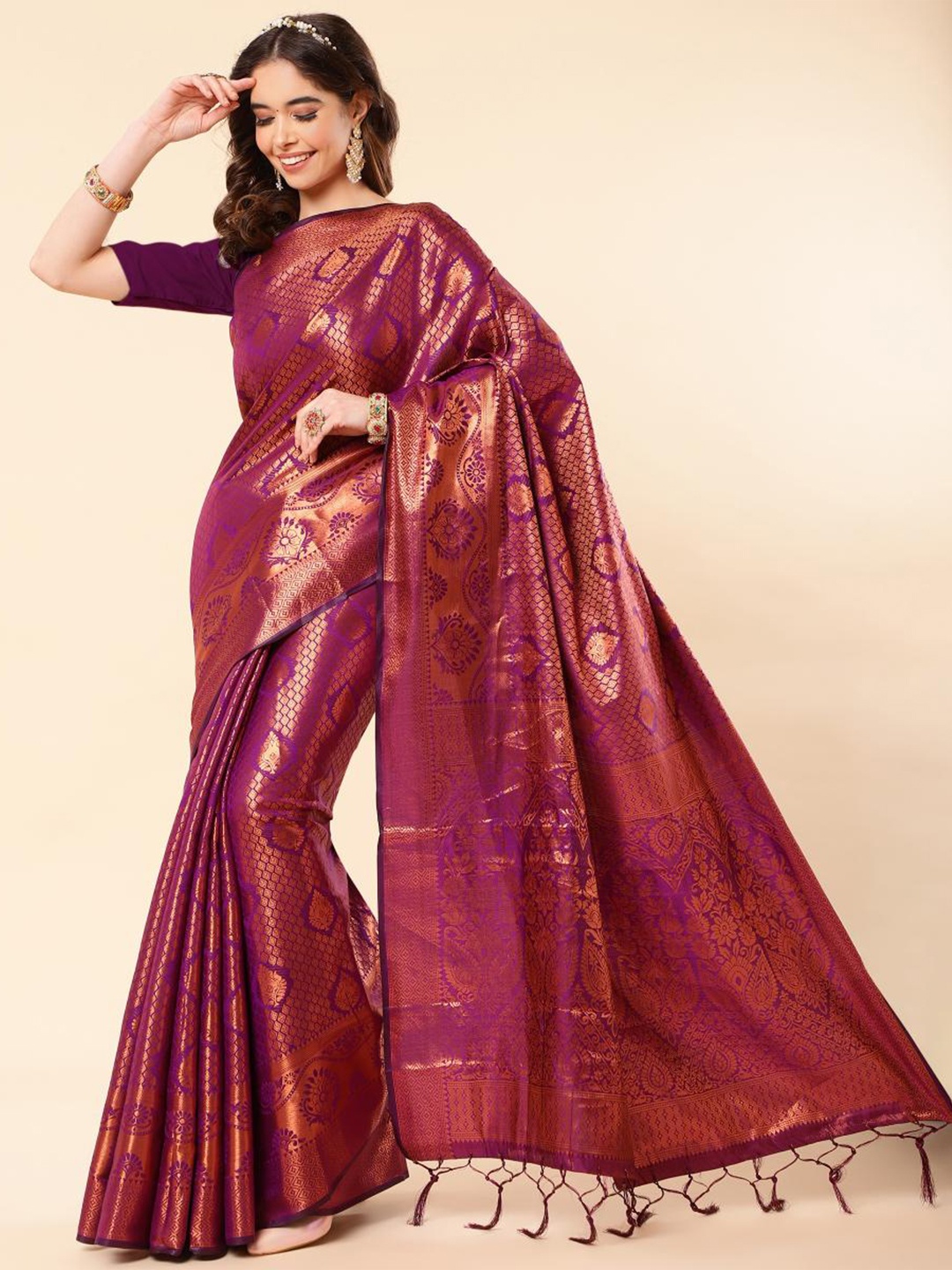 

LIMDO Ethnic Motifs Woven Design Zari Banarasi Saree, Purple