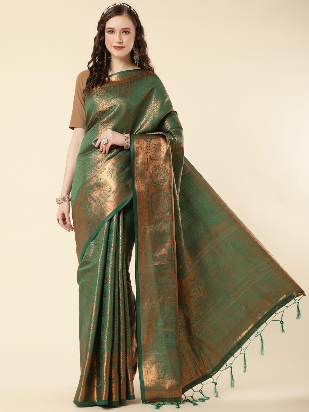 

LIMDO Ethnic Motifs Woven Design Zari Banarasi Saree, Green