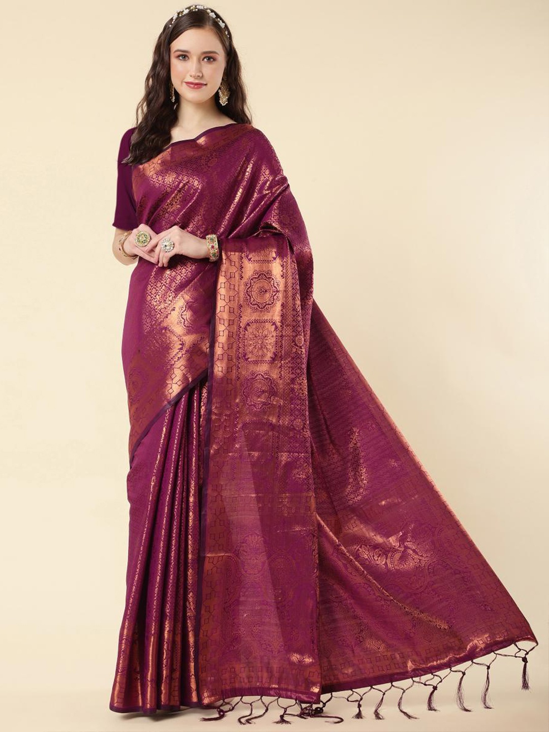 

LIMDO Ethnic Motif Woven Design Zari Pure Silk Banarasi Saree, Purple