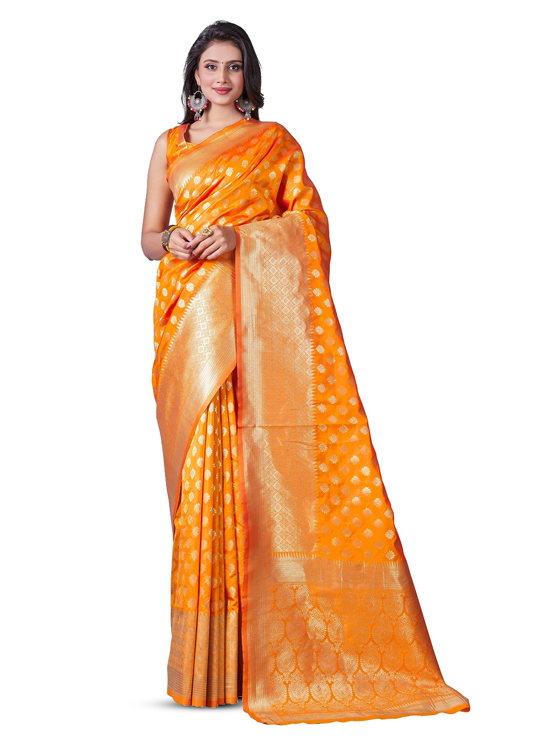 

LIMDO Orange & GoldToned Ethnic Woven Design Zari Pure Silk Banarasi Saree