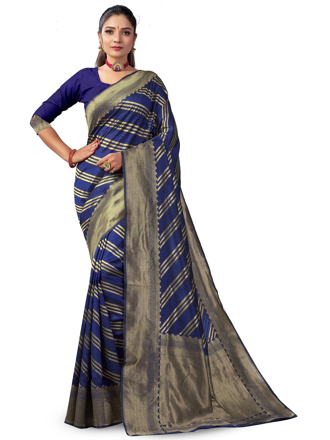 

LIMDO Striped Woven Design Pure Silk Zari Banarasi Saree, Navy blue