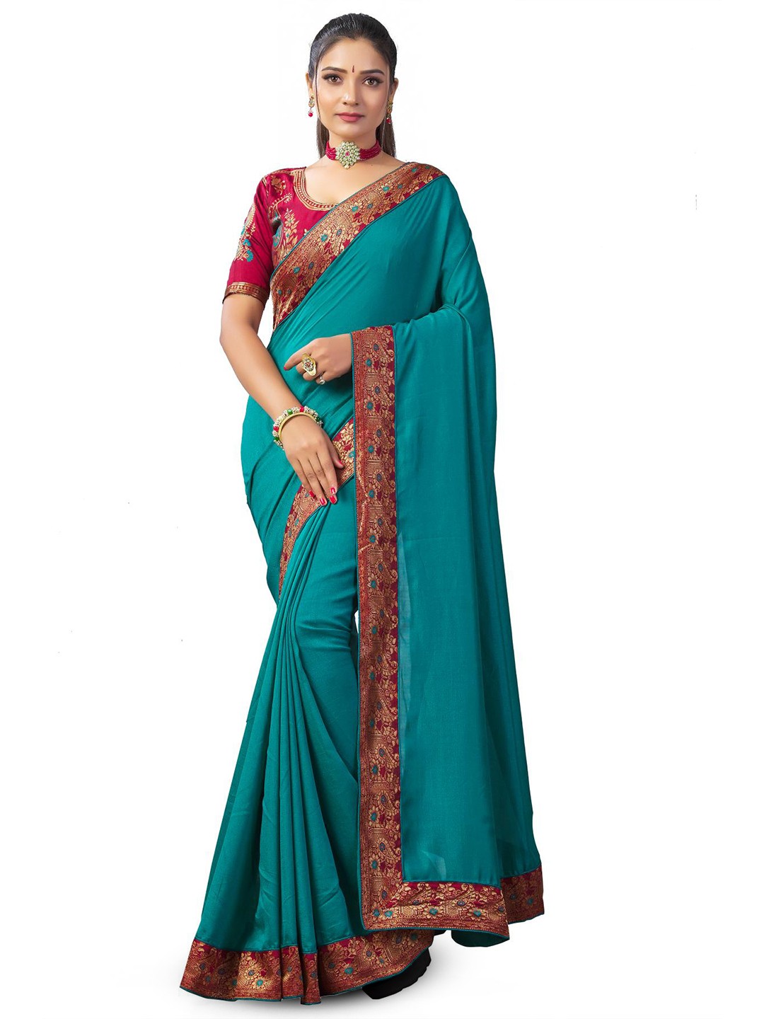 

LIMDO Ethnic Motifs Woven Design Zari Banarasi Saree, Teal
