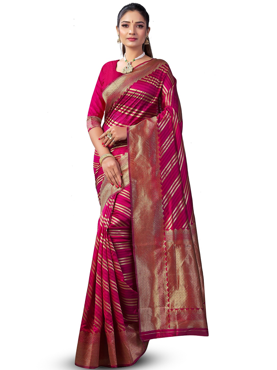 

LIMDO Striped Woven Design Zari Banarasi Saree, Magenta