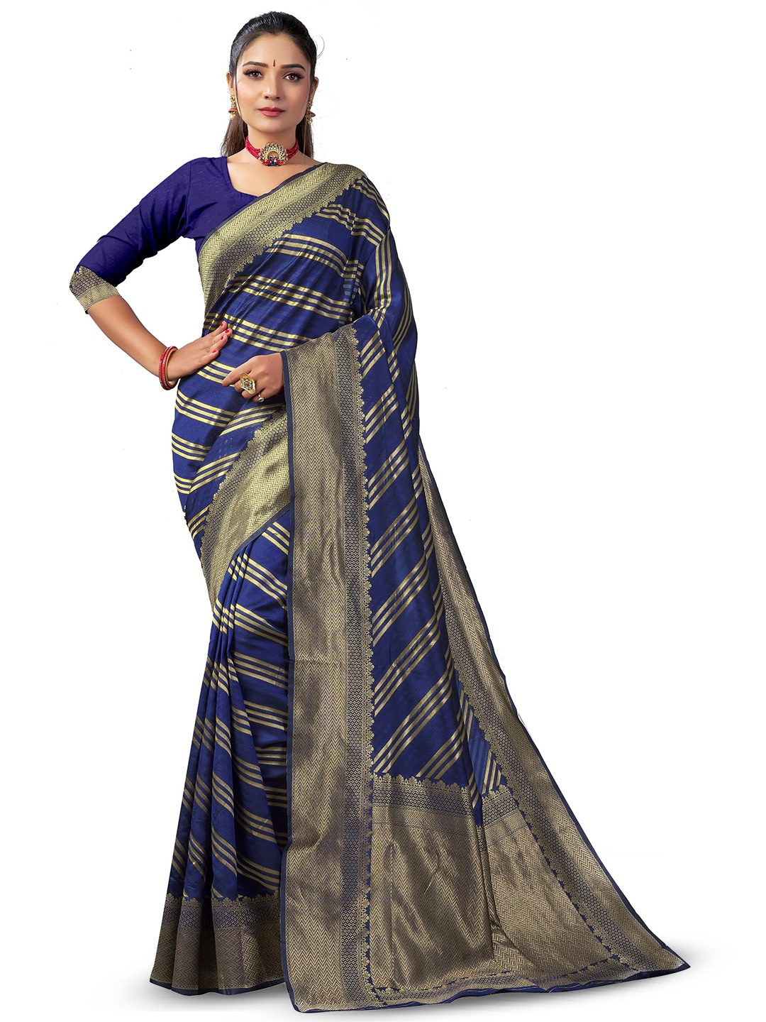 

LIMDO Striped Woven Design Zari Banarasi Saree, Blue