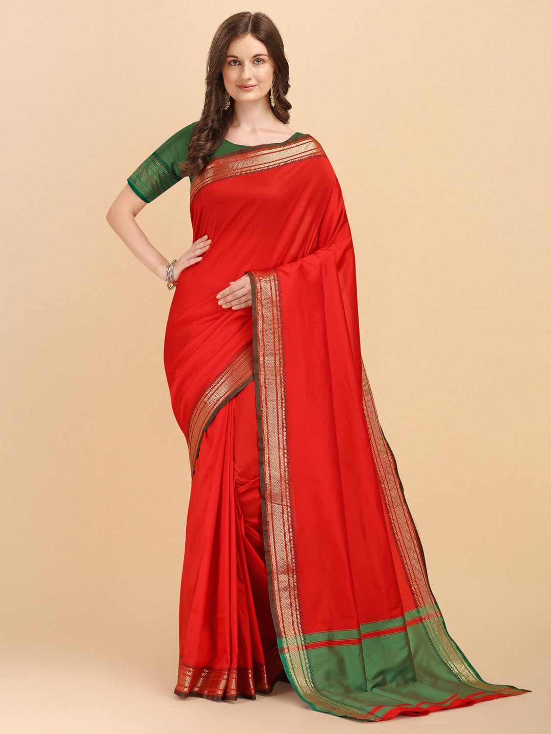 

LIMDO Zari Pure Silk Banarasi Saree, Red
