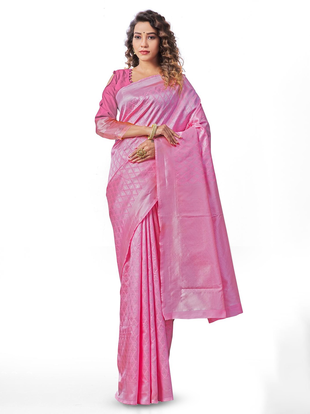 

LIMDO Geometric Woven Design Zari Pure Silk Banarasi Saree, Pink