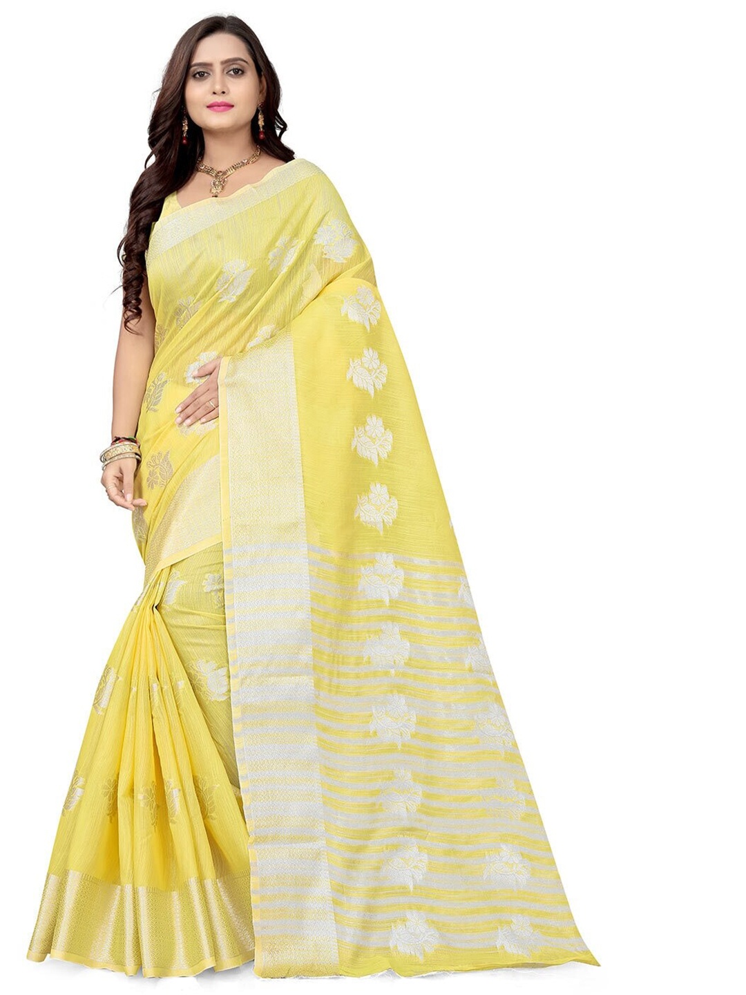 

LIMDO Floral Woven Design Zari Pure Linen Saree, Yellow