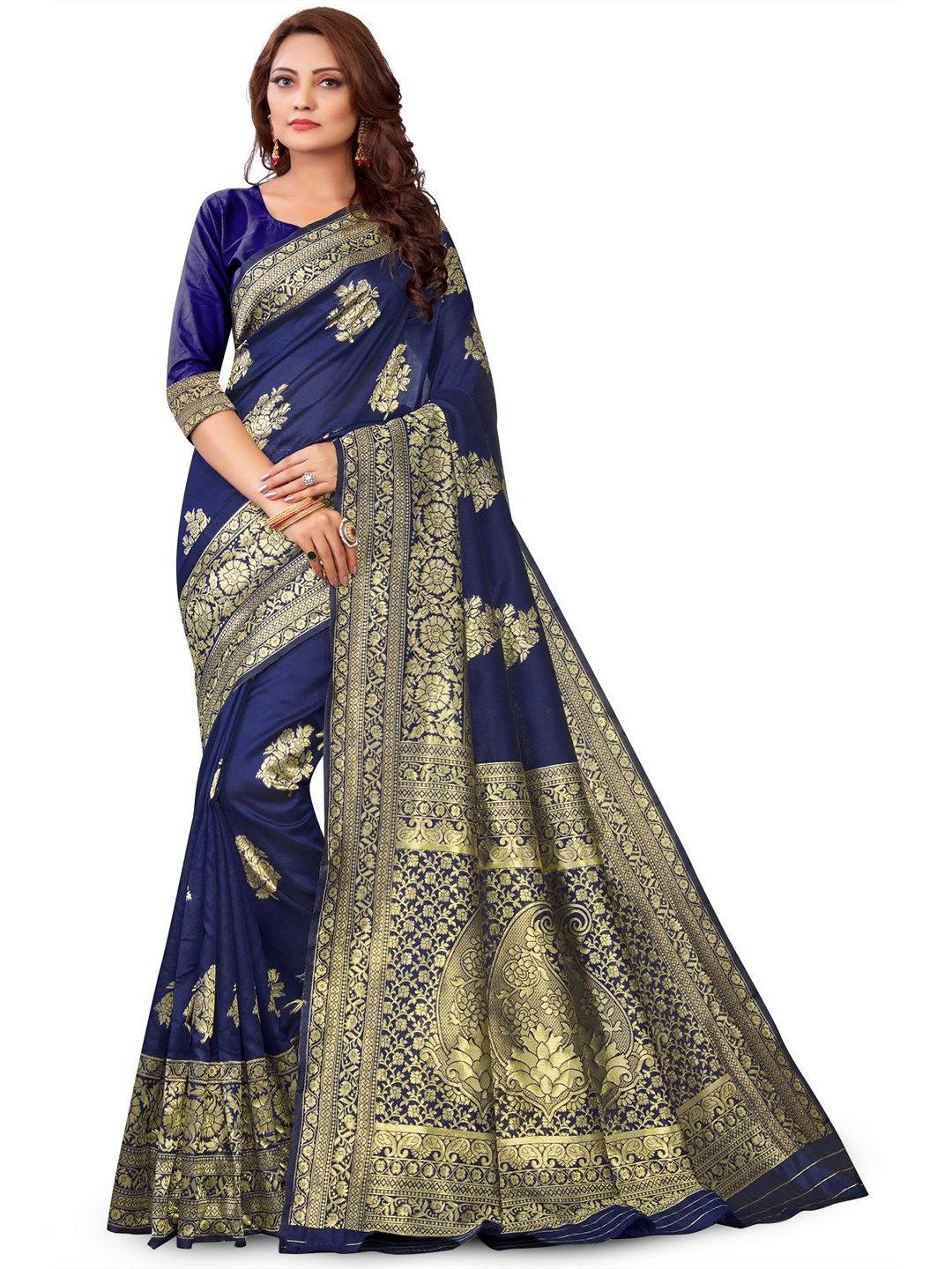 

LIMDO Ethnic Motifs Woven Design Zari Banarasi Saree, Navy blue