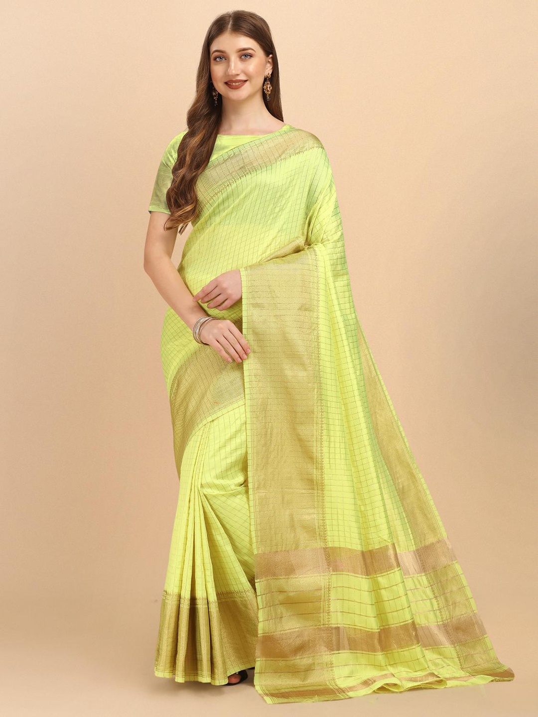 

LIMDO Checked Zari Pure Silk Banarasi Saree, Lime green