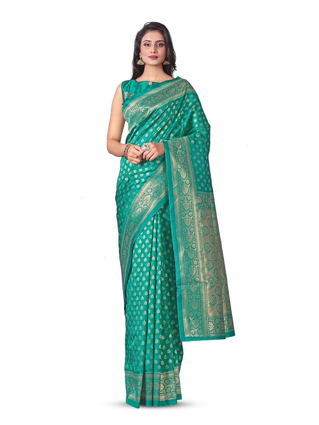 

LIMDO Teal Green & GoldToned Ethnic Woven Design Zari Pure Silk Banarasi Saree