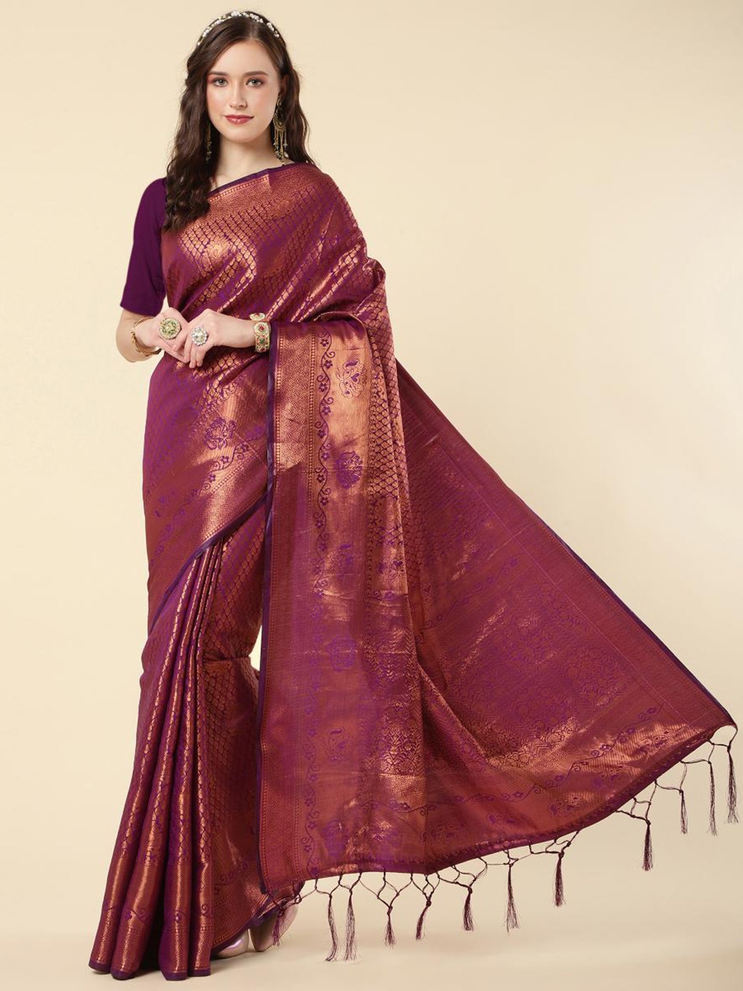 

LIMDO Ethnic Motif Woven Design Zari Pure Silk Banarasi Saree, Purple