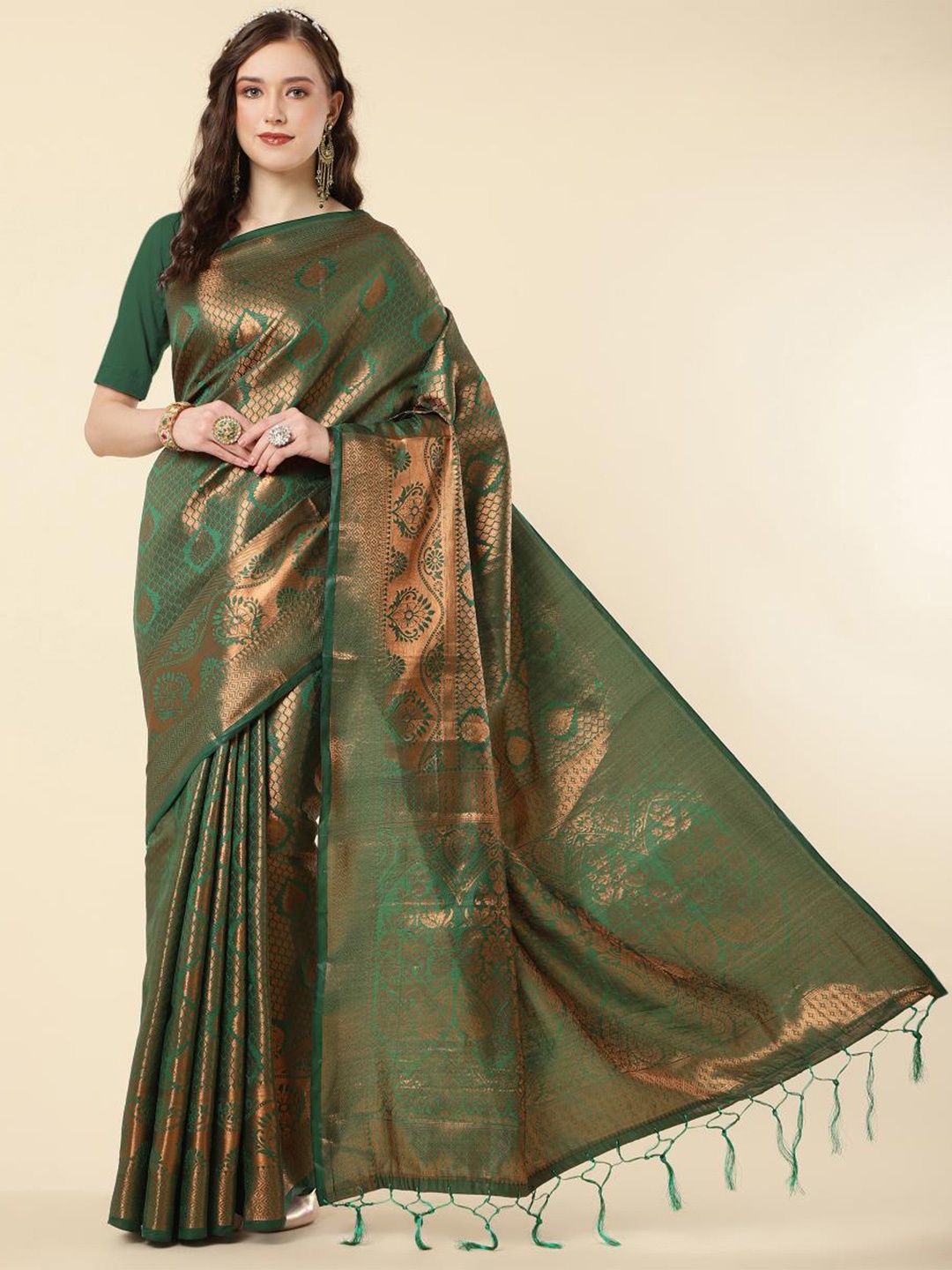 

LIMDO Woven Design Zari Pure Silk Banarasi Saree, Green