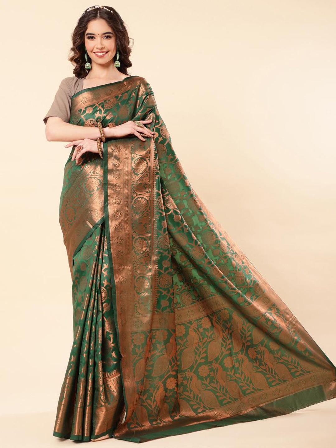 

LIMDO Ethnic Motifs Woven Design Zari Banarasi Saree, Green