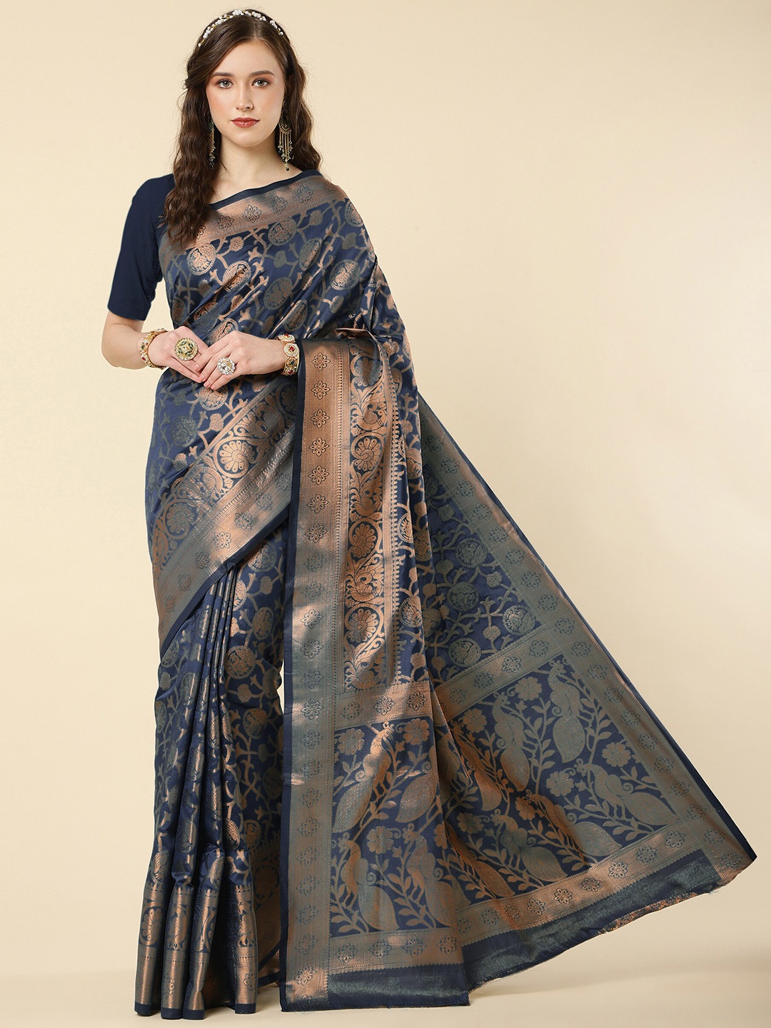 

LIMDO Ethnic Motifs Woven Design Pure Silk Zari Banarasi Saree, Navy blue