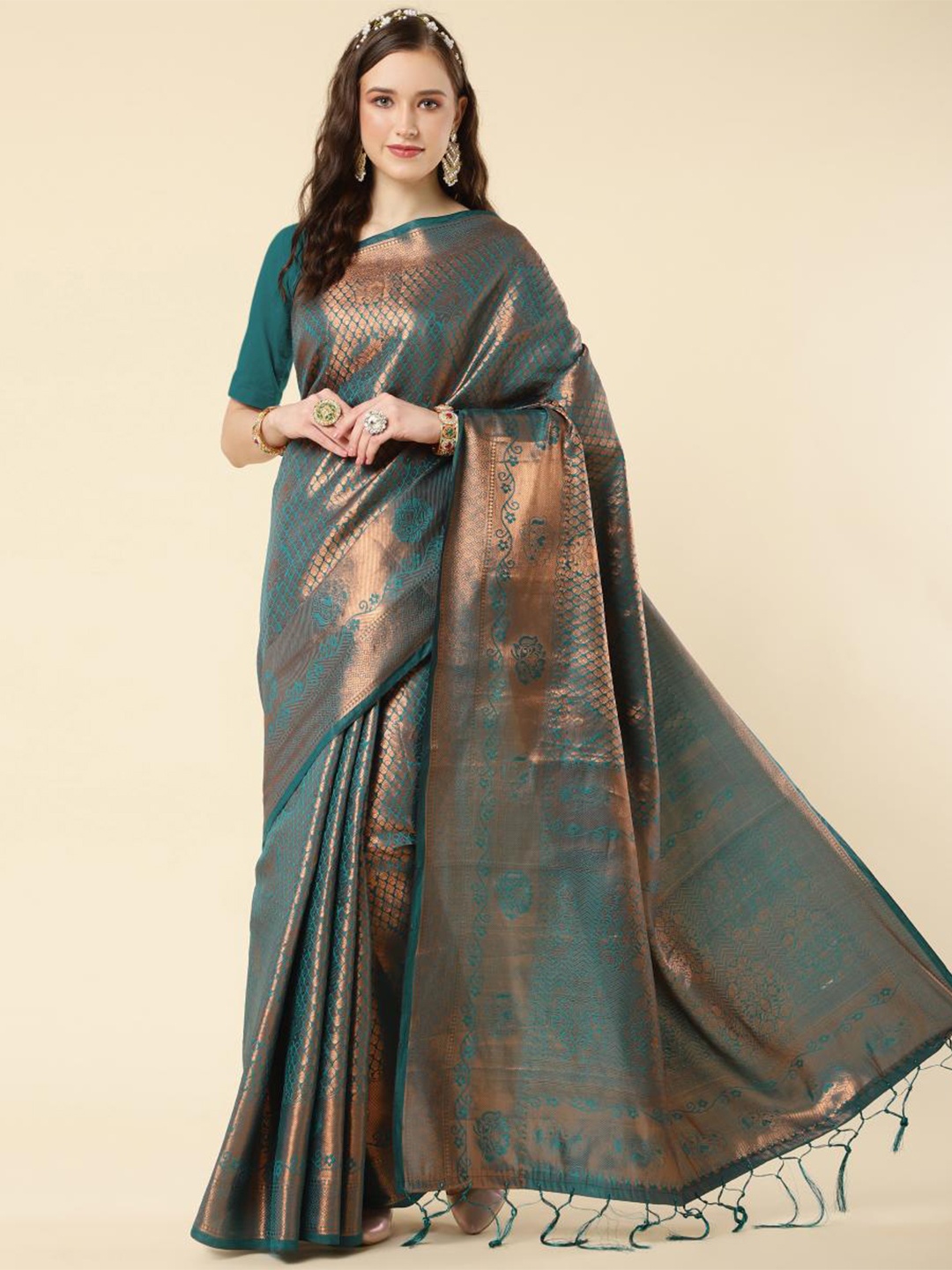

LIMDO Floral Woven Design Zari Pure Silk Banarasi Saree, Sea green