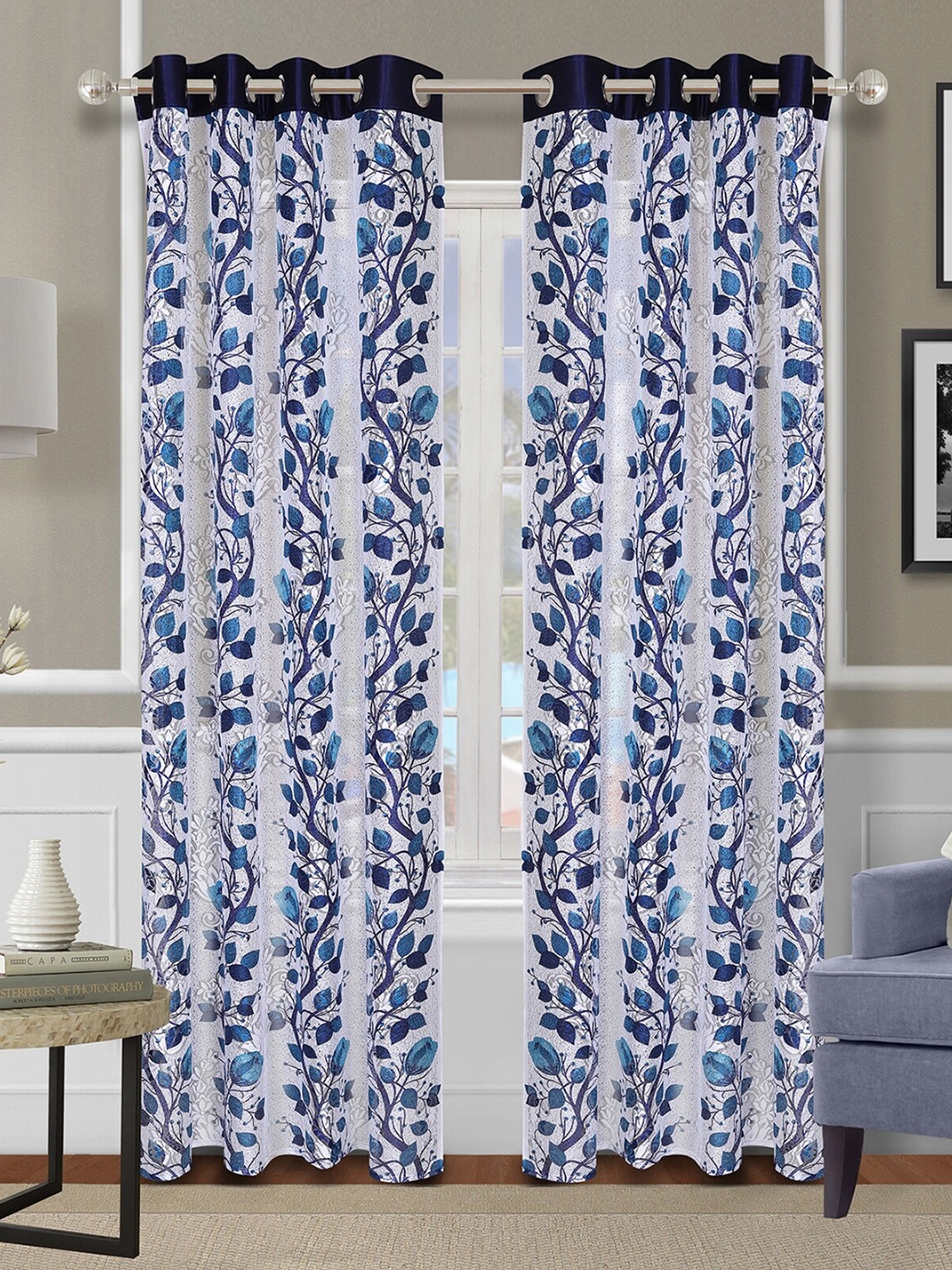 

ROMEE Off White & Blue 2 Pieces Floral Sheer Door Curtain