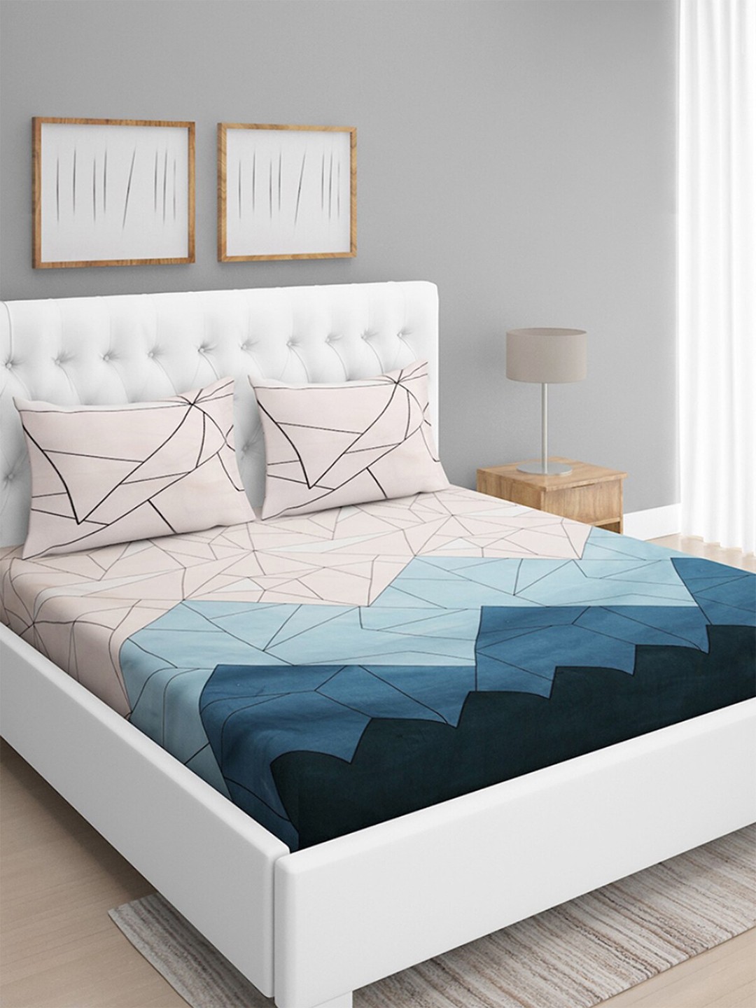 

ROMEE Cream & Blue Geometric Printed 144 TC Queen Bedsheet With 2 Pillow Covers