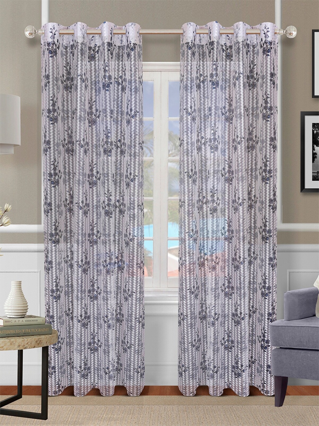 

ROMEE Grey & Blue 2 Pieces Floral Printed Sheer Door Curtain