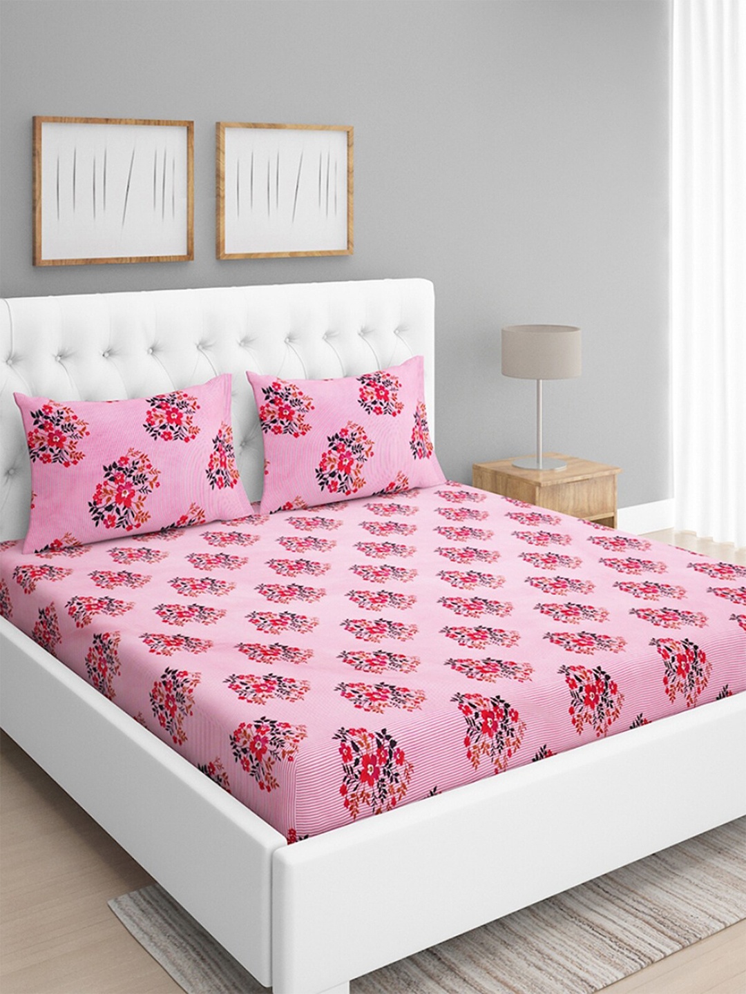 

ROMEE Pink & Red Floral 144 TC Queen Bedsheet With 2 Pillow Covers